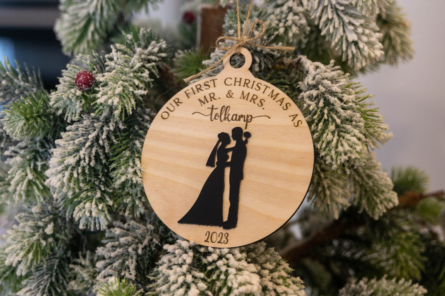 First Christmas Married Ornament 2023 - Custom Engraved Wood & Acrylic Wedding Present