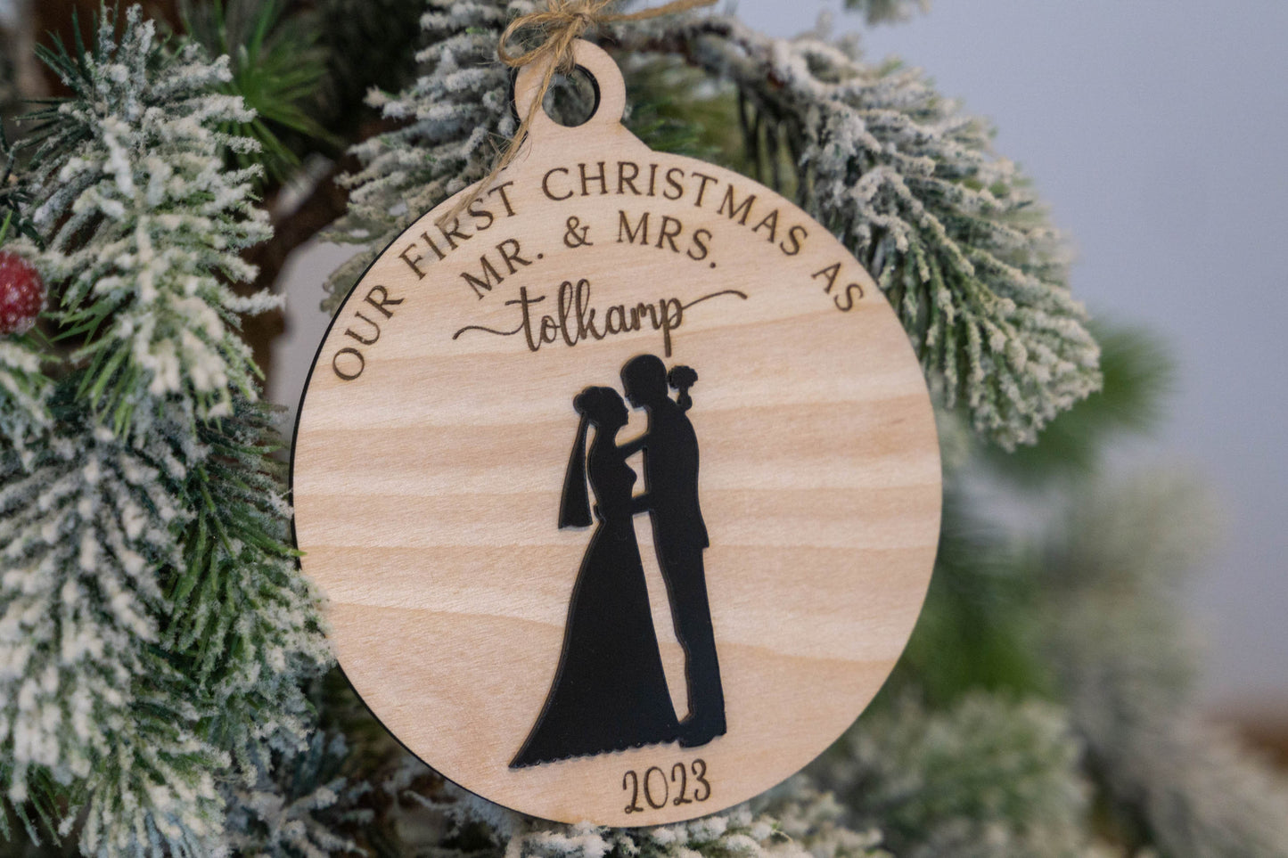 First Christmas Married Ornament 2023 - Custom Engraved Wood & Acrylic Wedding Present