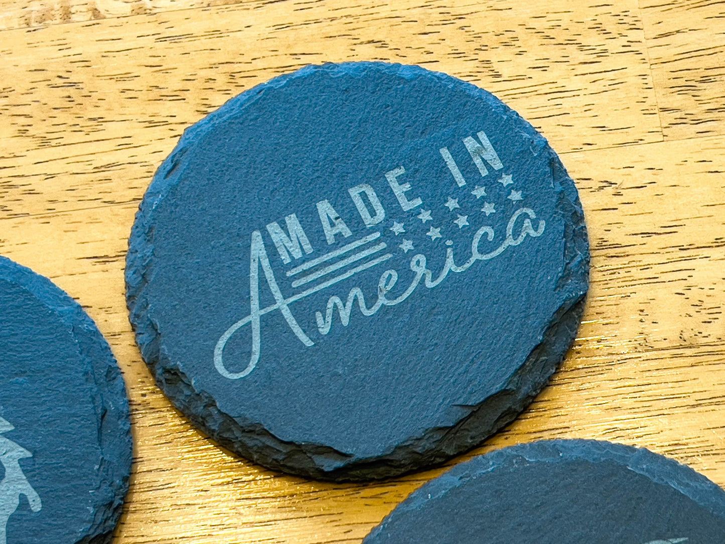 Set of 4 American-themed laser-engraved slate drink coasters