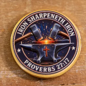 Iron Sharpens Iron Christian Challenge Coin, Proverbs 27:17 Double-Sided Faith Token