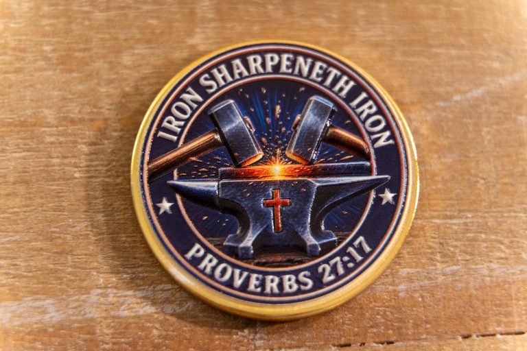 Iron Sharpens Iron Christian Challenge Coin, Proverbs 27:17 Double-Sided Faith Token