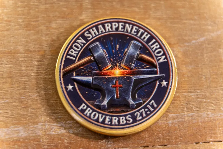 Iron Sharpens Iron Christian Challenge Coin, Proverbs 27:17 Double-Sided Faith Token